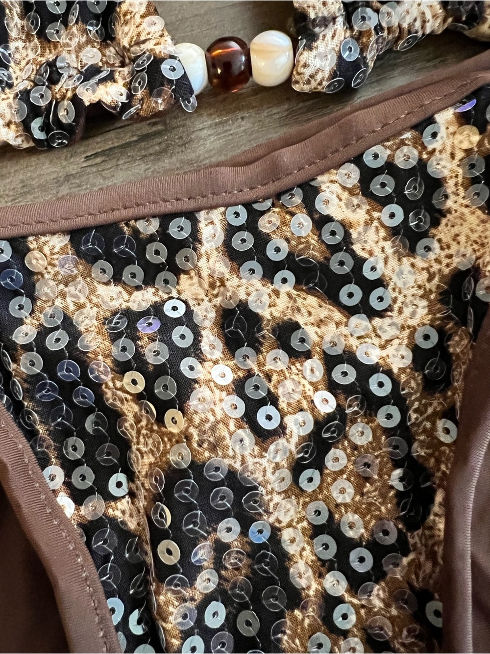Sexy Brown Leopard Print Bead Accents Tie Side Bikini Set - Picture 4 of 11